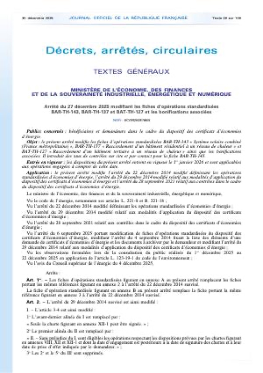 Nouvel Arrêté CEE : Mise à jour des fiches BAR-TH et BAT-TH & bonifications (27 décembre 2025)
