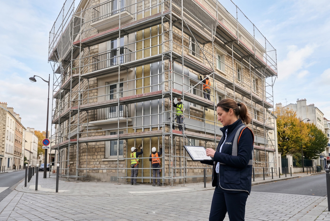 Audit énergétique collectif — technicienne S2EE en relevé sur copropriété