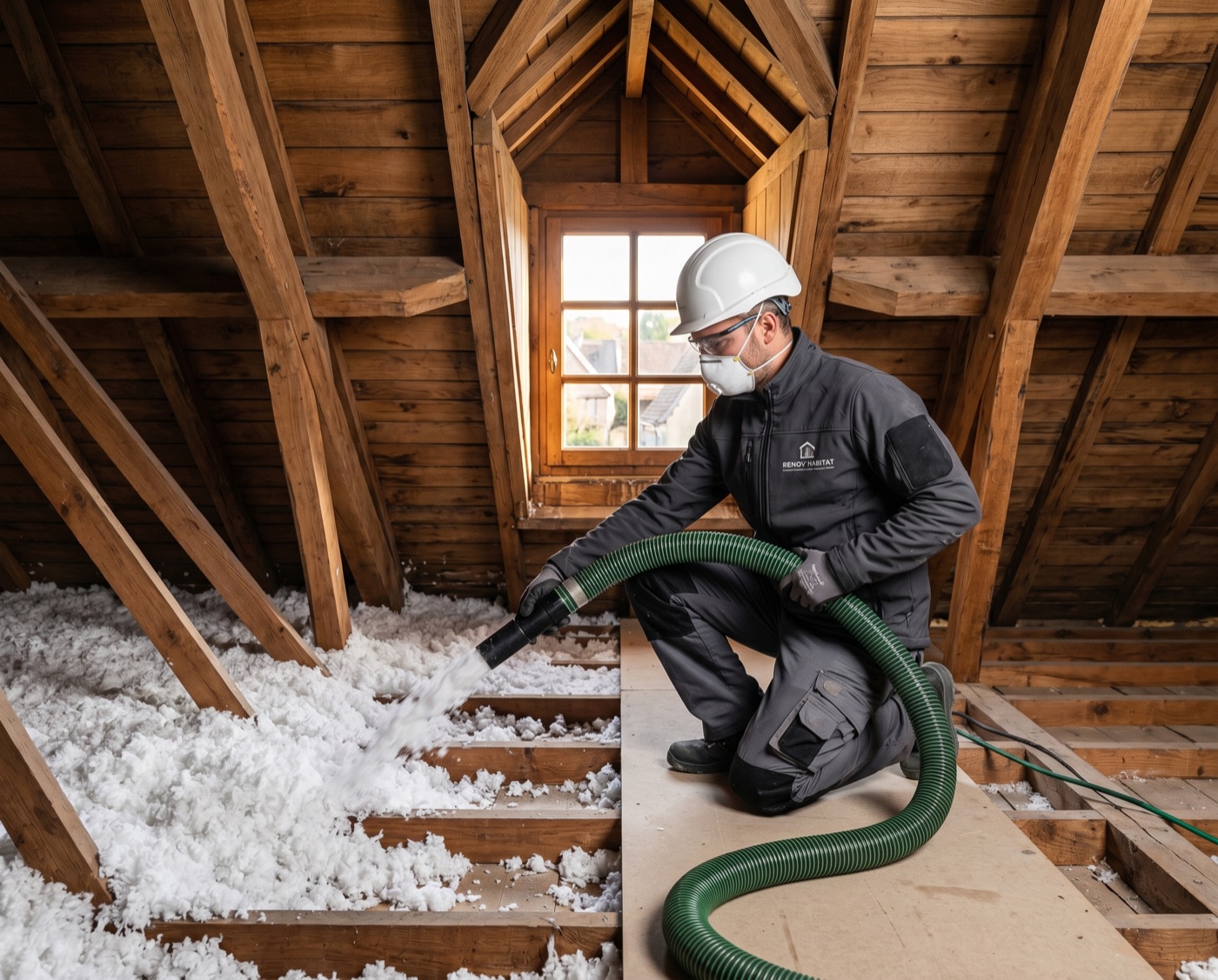 Isolation des combles par soufflage — technicien S2EE en intervention